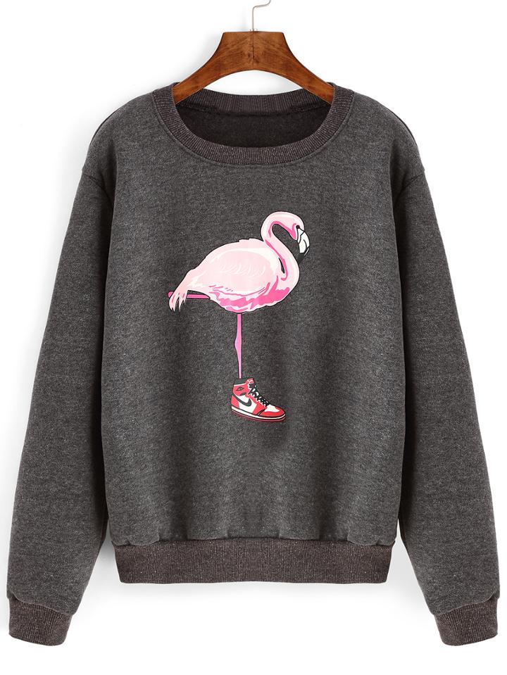 Romwe Long Sleeve Crane Print Thicken Sweatshirt