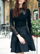 Romwe Black Round Neck Long Sleeve Contrast Lace Knit Dress
