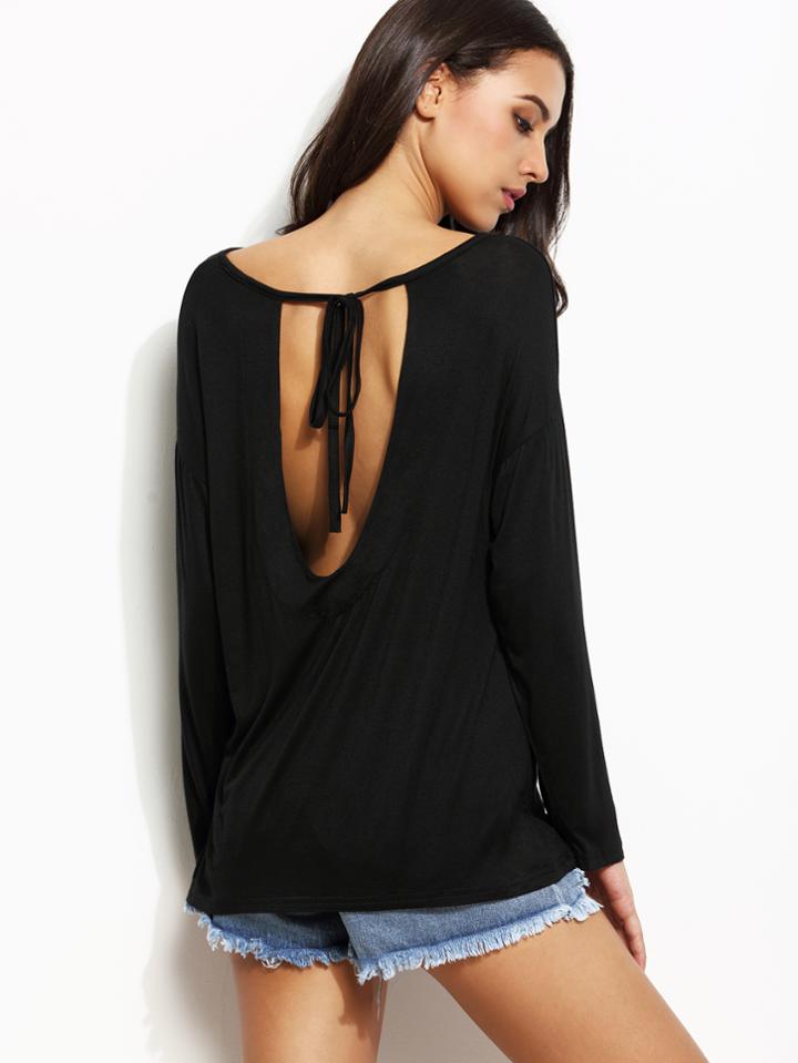 Romwe Black Lace Up V Back T-shirt