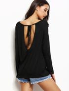 Romwe Black Lace Up V Back T-shirt
