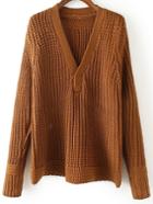 Romwe Deep V Neck Ribbed Khaki Sweater