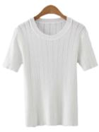 Romwe White Round Neck Vertical Stripe Knitted T-shirt