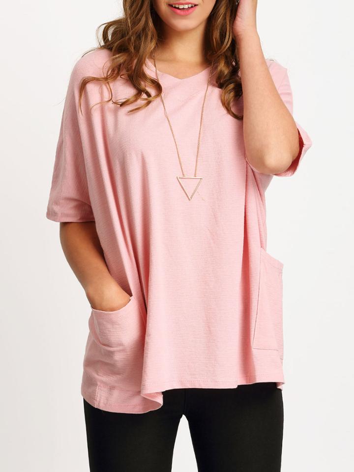 Romwe Elbow Sleeve Pockets Pink T-shirt