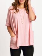 Romwe Elbow Sleeve Pockets Pink T-shirt