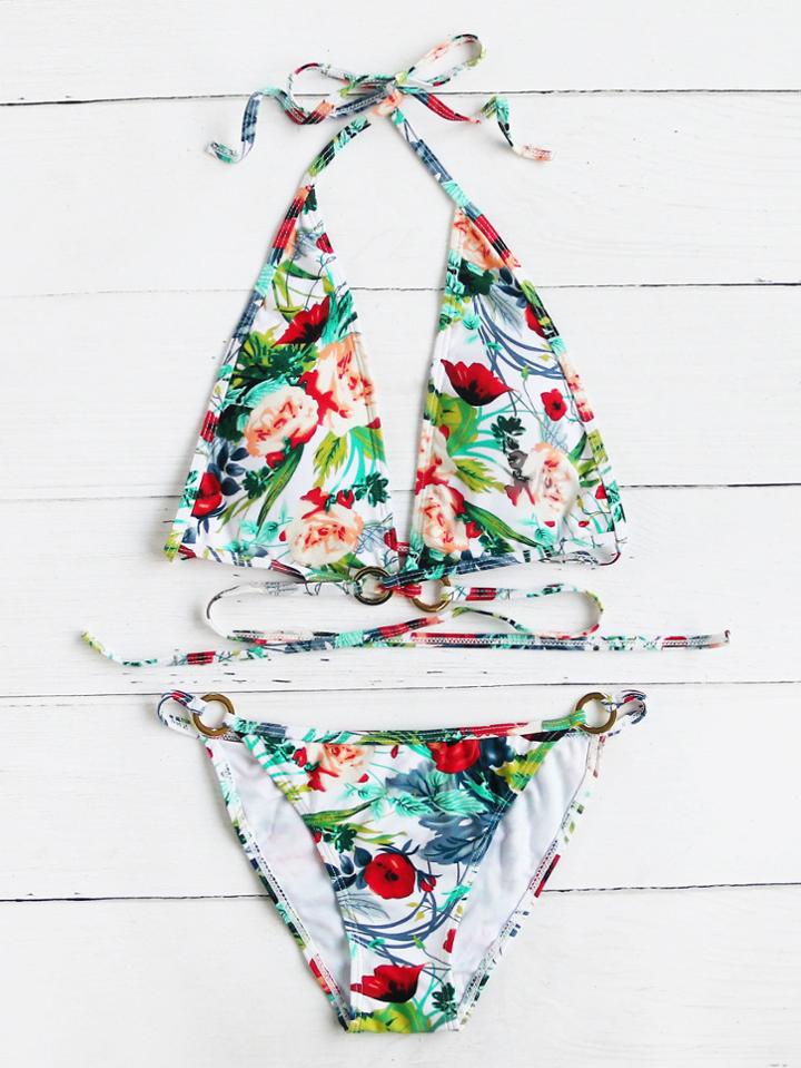 Romwe Floral Print Plunging V Neck Halter Bikini Set