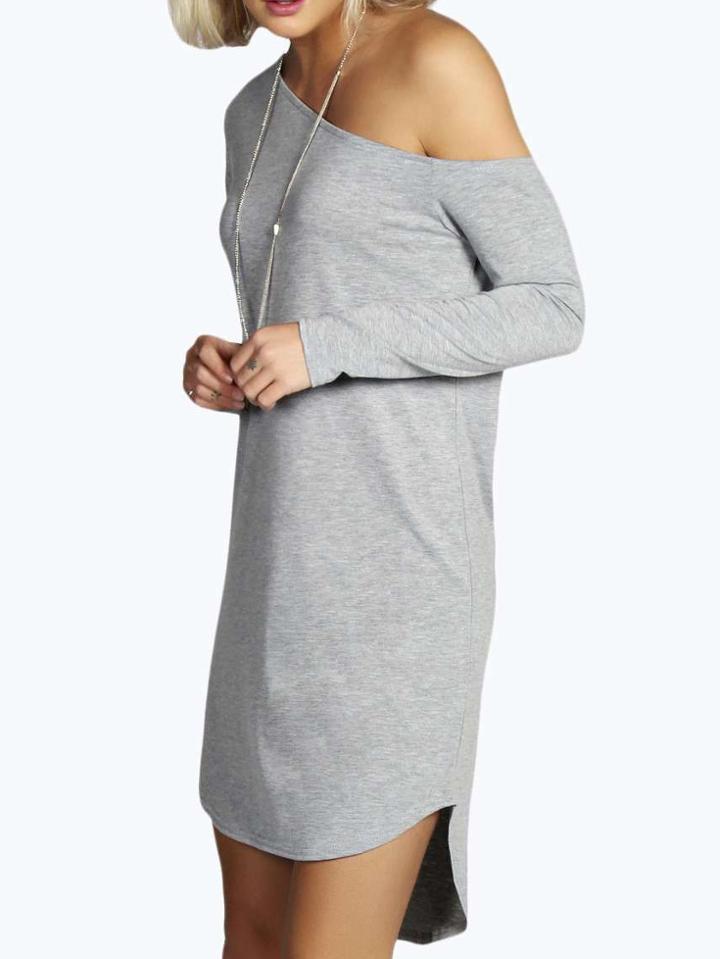 Romwe Oblique Shoulder High Low Grey Dress