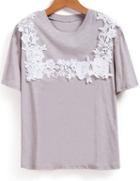 Romwe Lace Embroidered Grey T-shirt