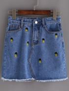 Romwe Blue Frayed Denim Embroidered Shorts