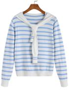 Romwe Striped Tie Pale Blue T-shirt