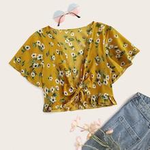 Romwe Ditsy Floral Ruffle Hem Self Tie Top