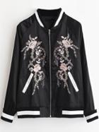 Romwe Black Flower Embroidery Raglan Sleeve Jacket