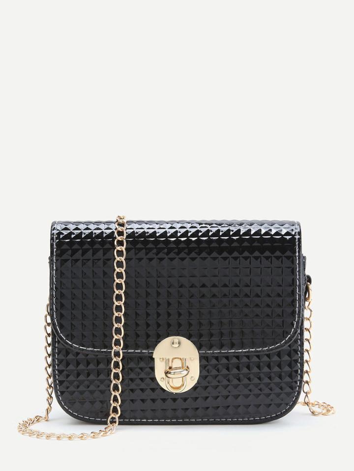 Romwe Black Diamond Textured Twist Lock Chain Bag