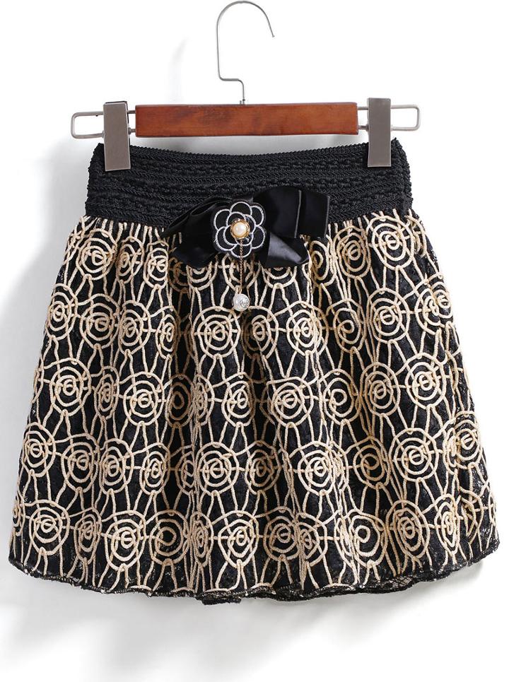 Romwe Elastic Waist Disc Flowers Flare Skirt