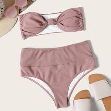 Romwe Textured Bandeau With High Waist Bikini Set