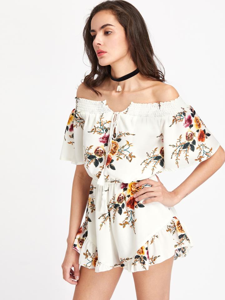 Romwe Shirred Off The Shoulder Jumpsuit With Fringe Detail