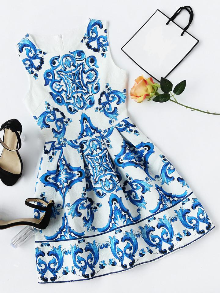 Romwe Porcelain Print Fit & Flare Dress