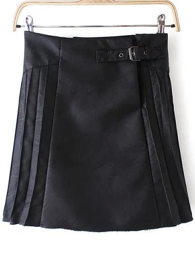 Romwe Pleated A-line Pu Skirt With Belt Buckle