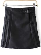 Romwe Pleated A-line Pu Skirt With Belt Buckle