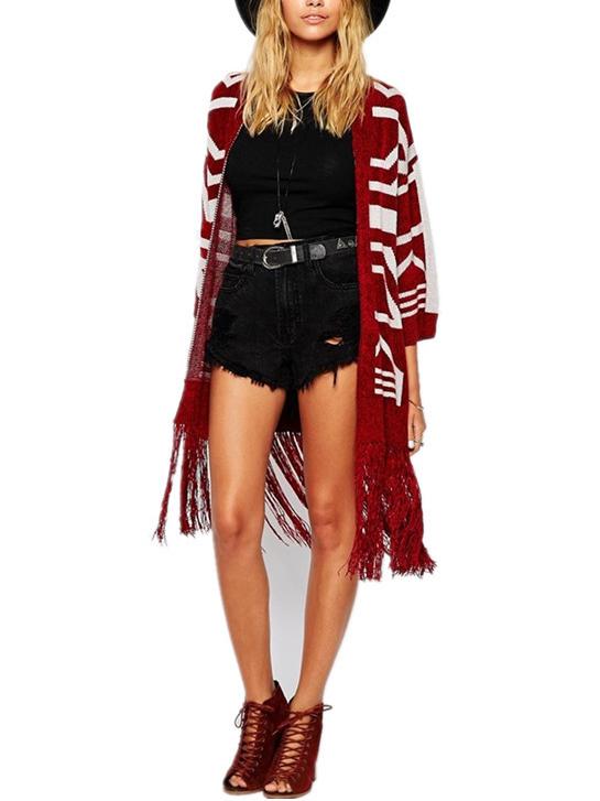 Romwe Geometric Print Tassel Loose Coat