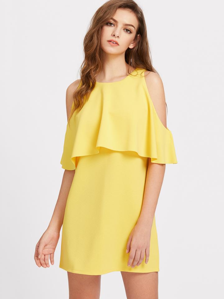 Romwe Open Shoulder Ruffle Trim Tunic Dress