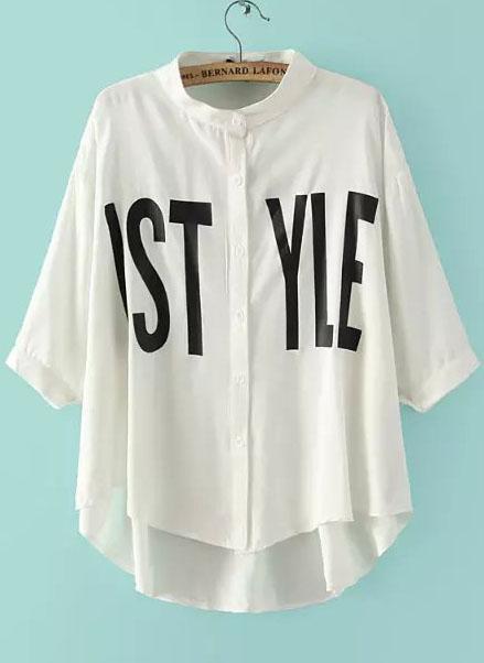 Romwe Dip Hem Stand Collar Letter Print White Blouse