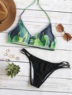 Romwe Green And Black Printed Ladder Cutout Bikini Set