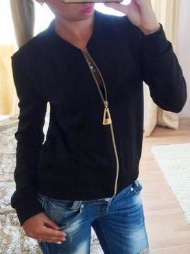 Romwe Round Neck Zipper Black Jacket