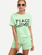 Romwe Dropped Shoulder Seam Letters Print Top With Shorts