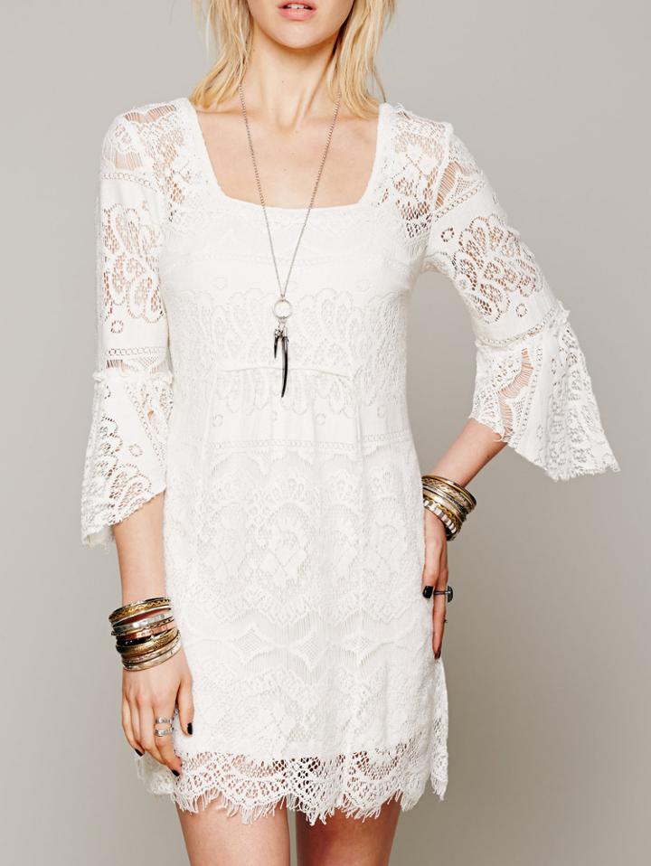 Romwe Square Neck Ruffle Eyelash Lace White Dress
