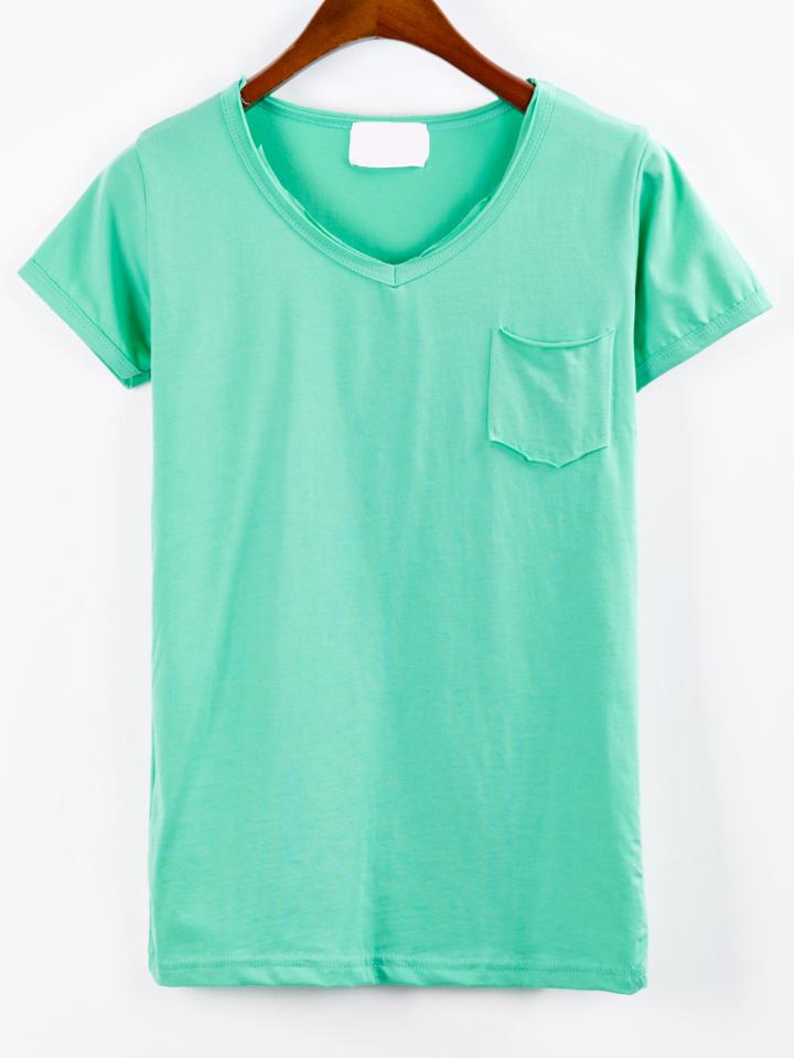 Romwe Plain V-neck Pocket T-shirt - Green