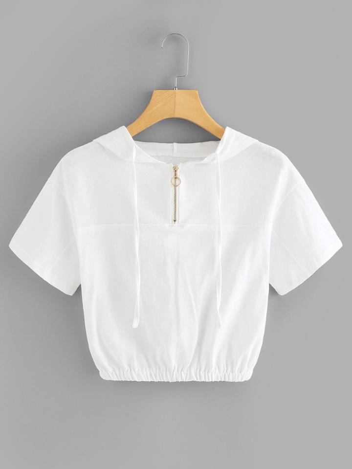 Romwe Zip Up Front Drawstring Hooded Tee