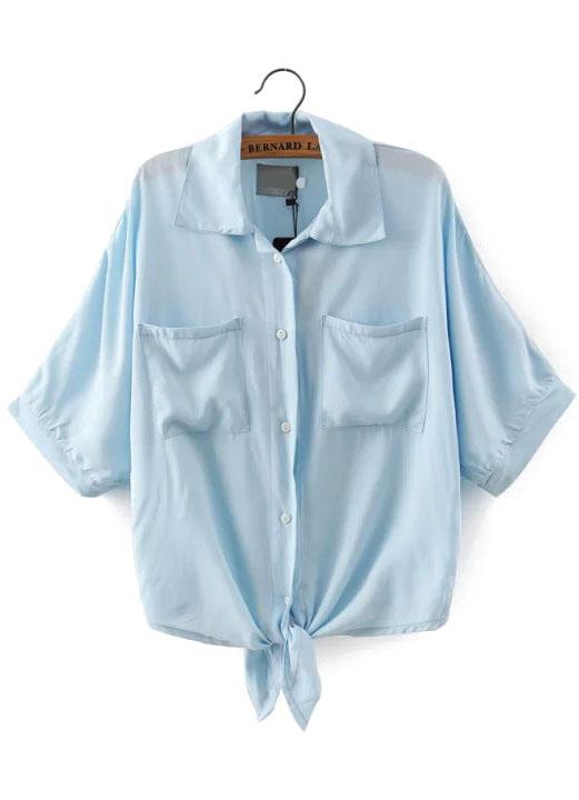 Romwe Lapel With Pockets Blue Blouse
