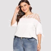 Romwe Plus Contrast Mesh Knot Sleeve Blouse