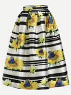Romwe White Sunflower Print Striped Box Pleated Skirt