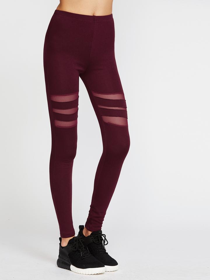 Romwe Burgundy Mesh Insert Cut Out Leggings