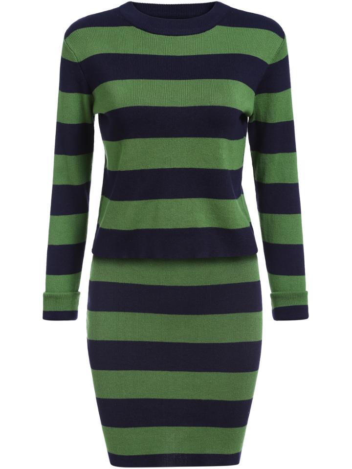 Romwe Long Sleeve Striped Knit Top With Bodycon Skirt