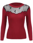 Romwe Contrast Lace Slim Burgundy Sweater