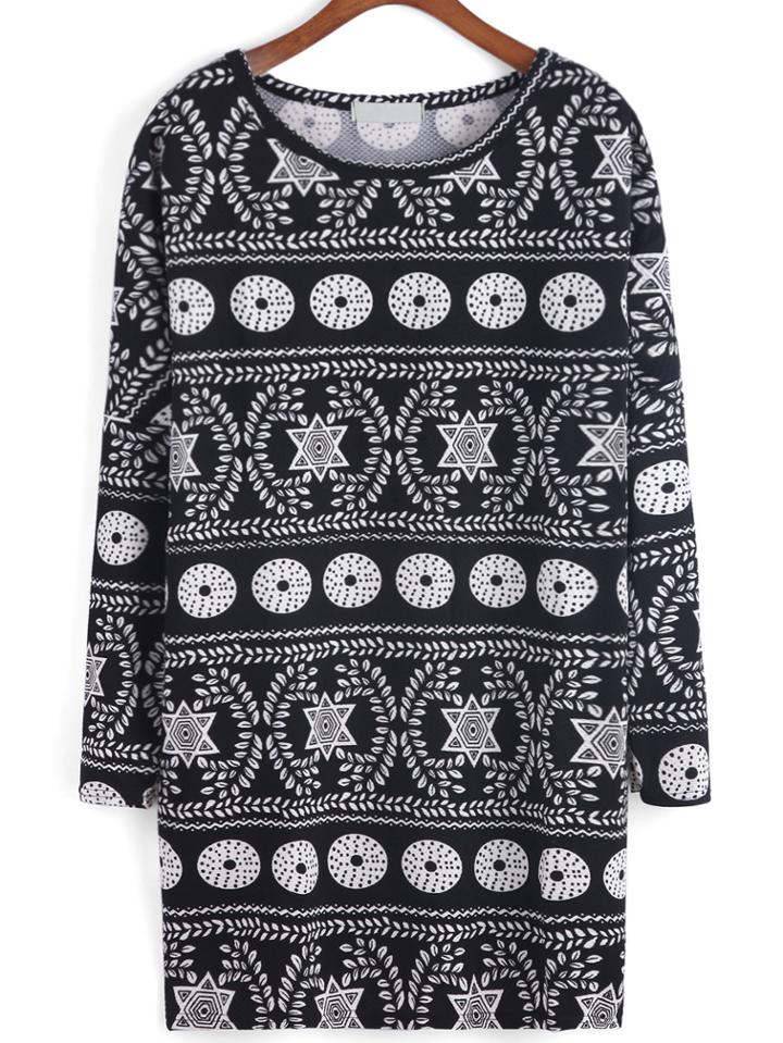 Romwe Long Sleeve Tribal Print Shift Dress