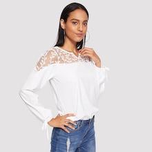 Romwe Contrast Mesh Solid Blouse