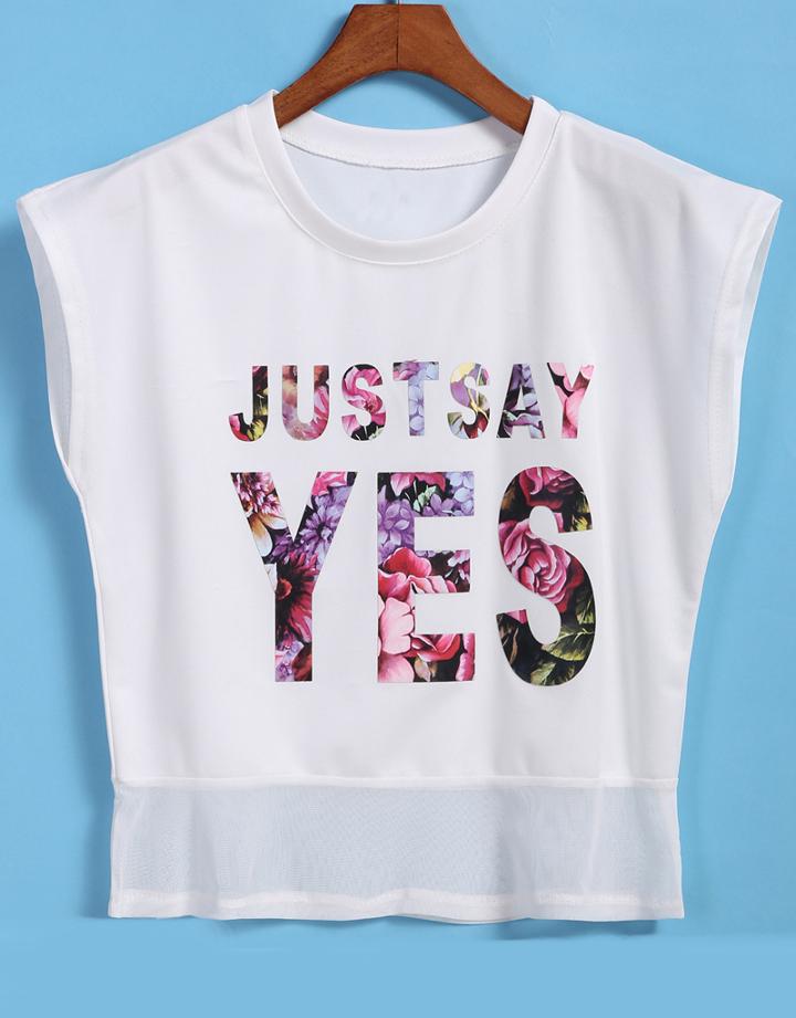 Romwe Mesh Hem Letter Print White T-shirt