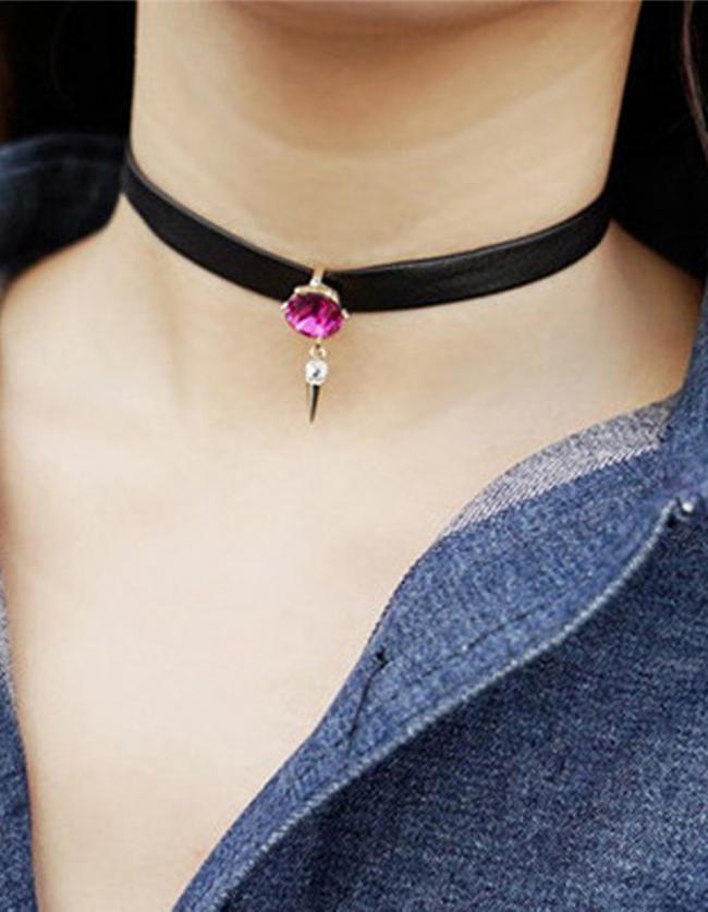Romwe Hotpink Pu Leather Choker Necklace