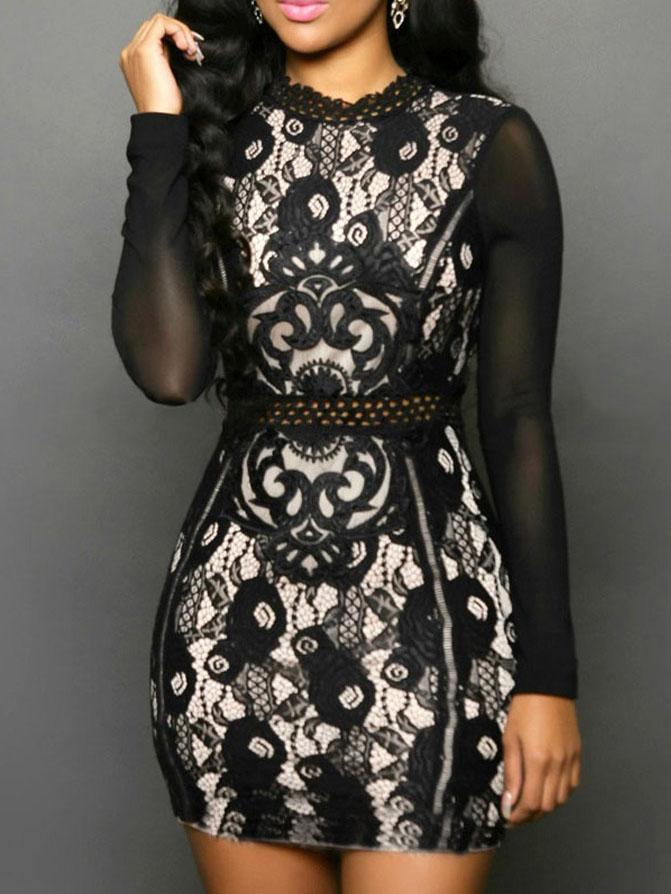 Romwe Black Lace Keyhole Back Bodycon Dress