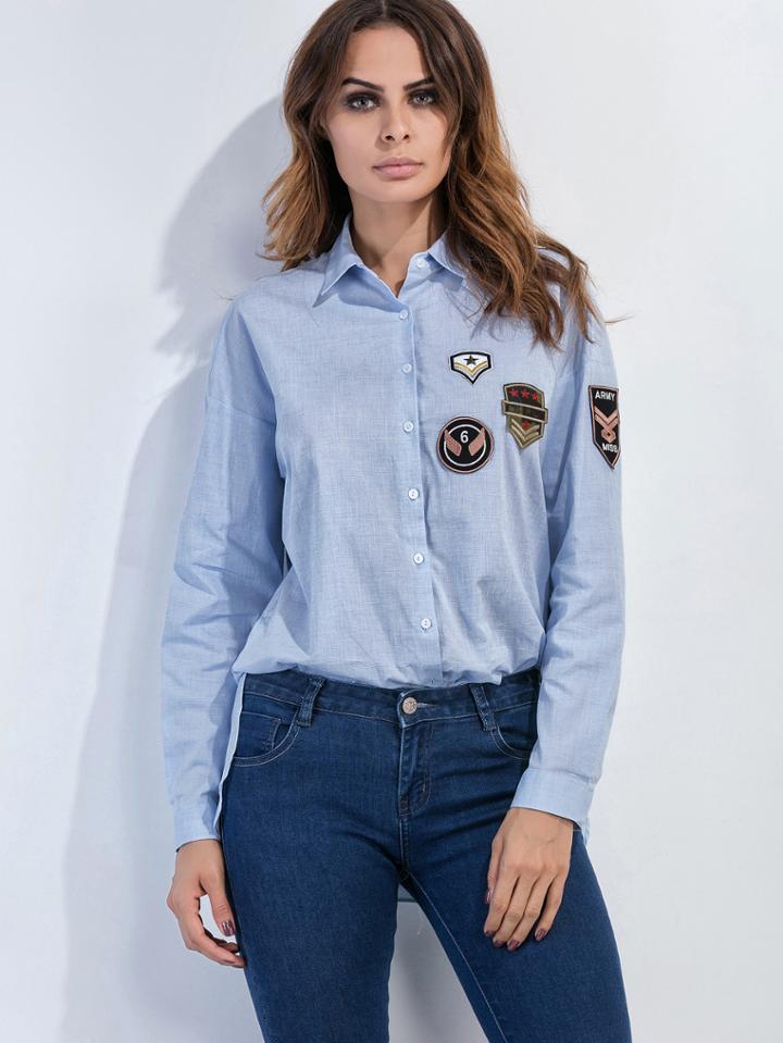 Romwe Blue Slit Side High Low Patches Shirt