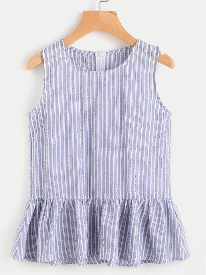 Romwe Striped Frill Hem Zip Back Top