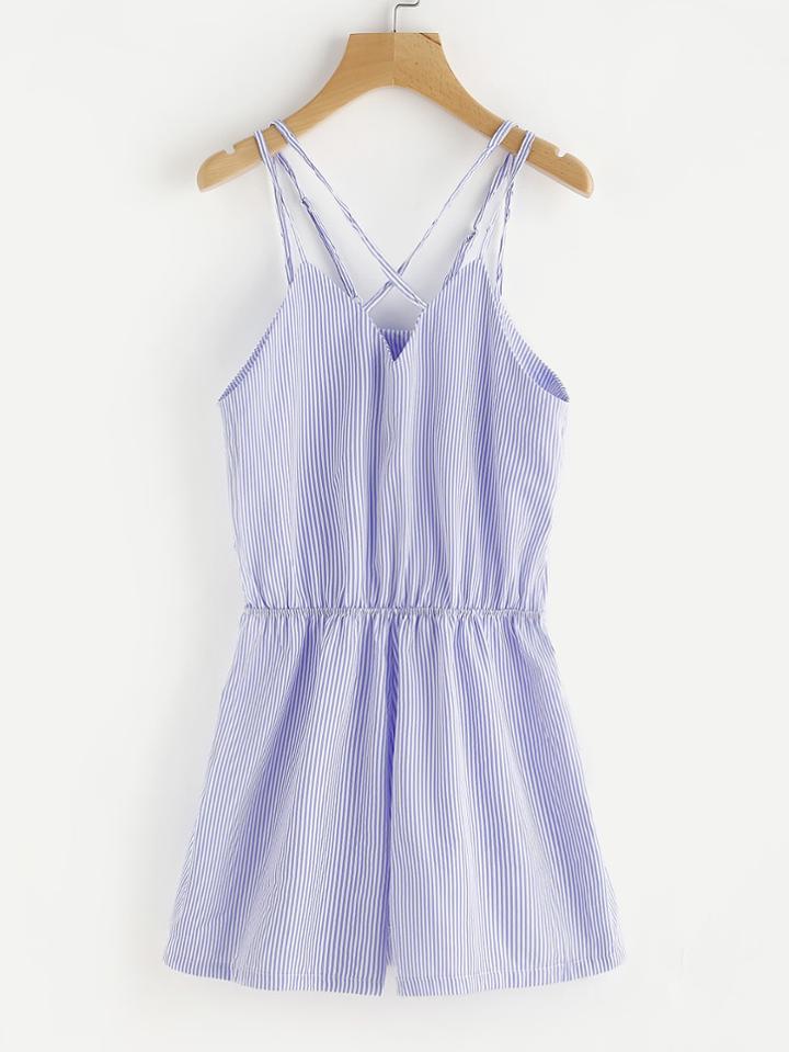 Romwe Vertical Striped Criss Cross Back Cami Romper