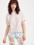Romwe Pink Striped Slit Side High Low Cuffed T-shirt