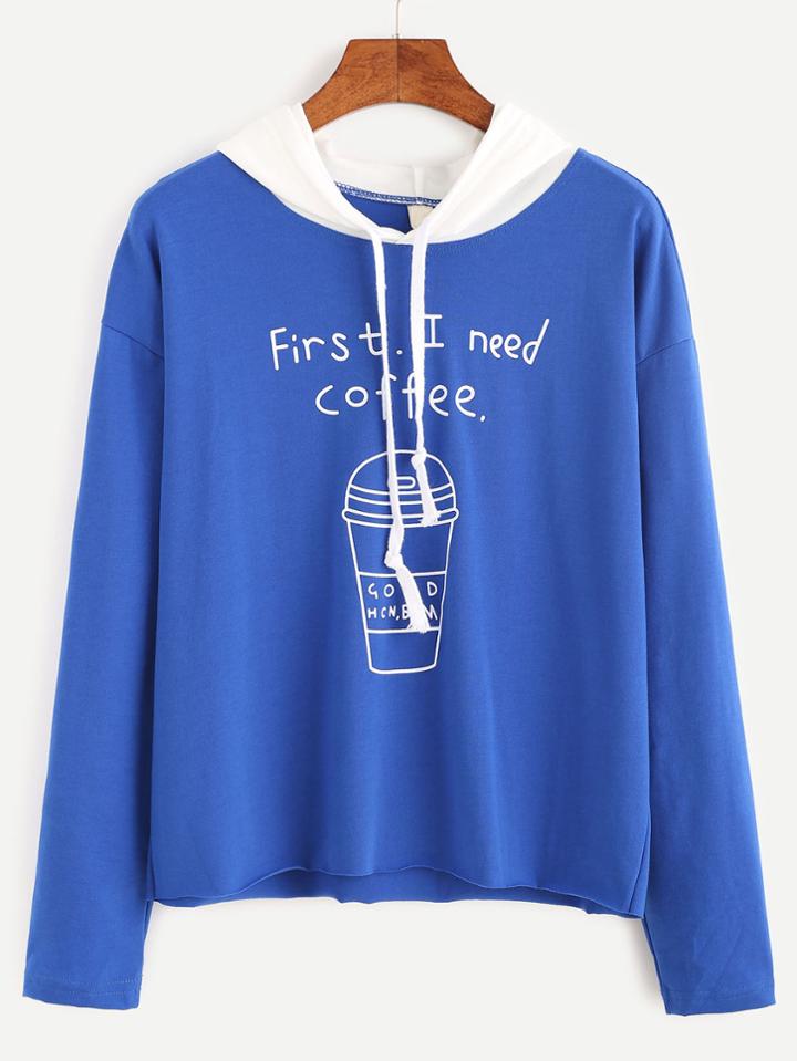 Romwe Blue Contrast Hooded Letter Print Sweatshirt
