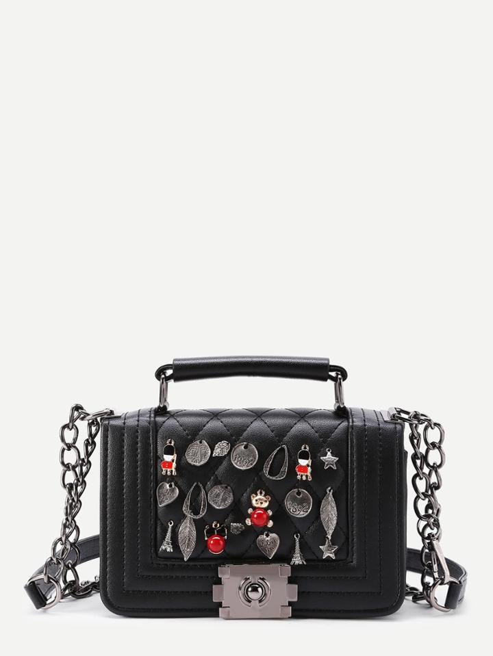 Romwe Tower And Leaf Decorated Quilted Crossbody Bag