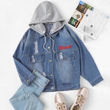 Romwe Ripped Contrast Hooded Denim Jacket