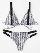 Romwe Contrast Straps Self Tie Bikini Set